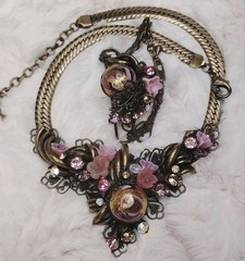 Vintage Steampunk Garden Party Glass Crystal Bronze Necklace Earrings