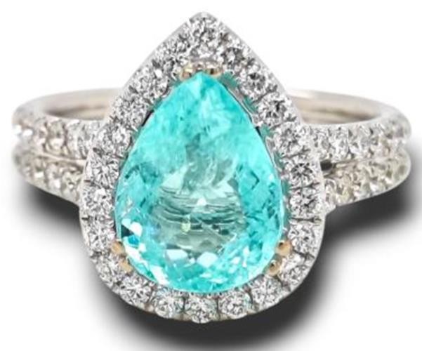 3.32CT DIAMOND & AAA PARAIBA TOURMALINE 18KT WHITE GOLD PEAR SHAPE & ROUND RING