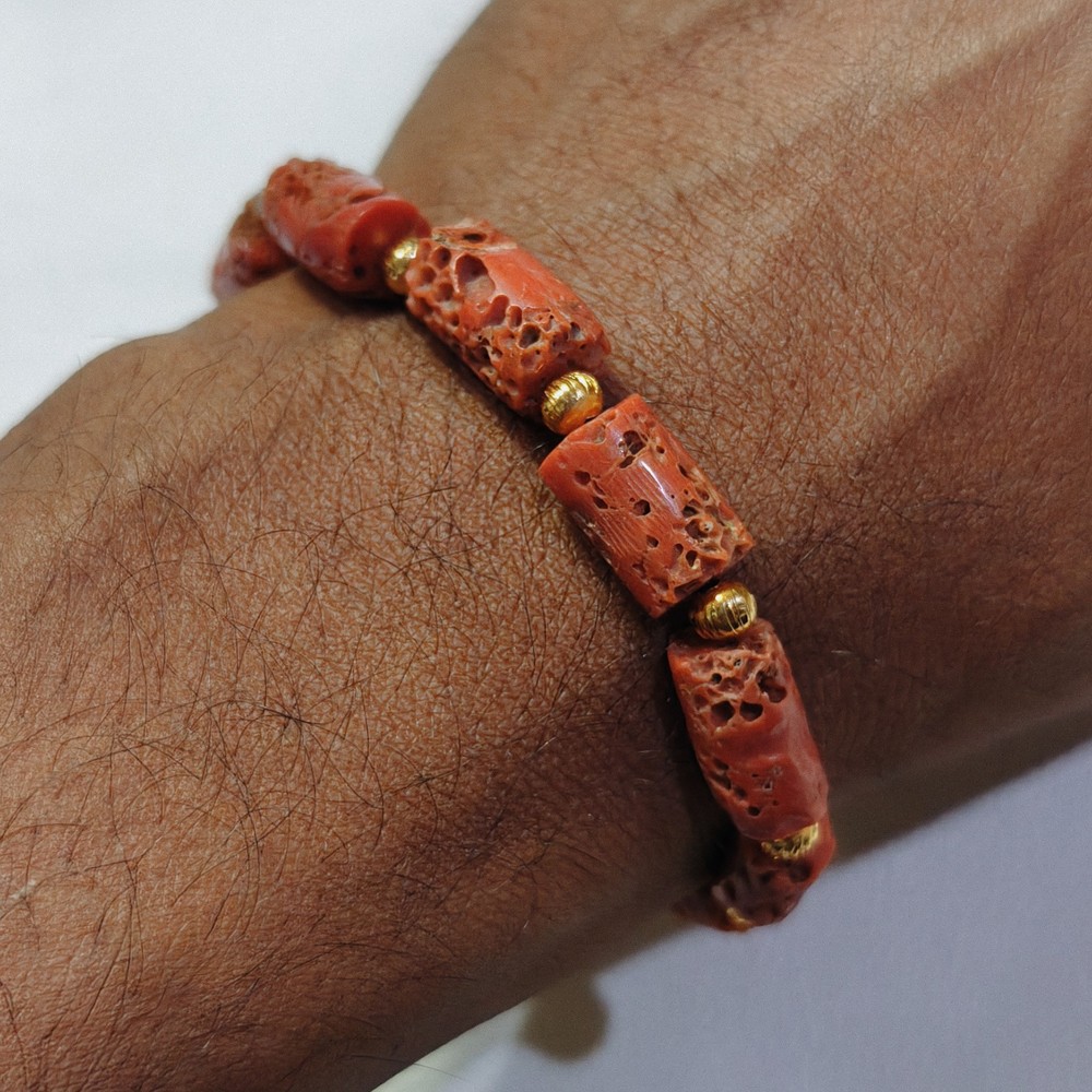 Italian Red Coral Brass Beads Bracelet Natural Coral Gemstone Handmade Bracelet