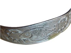 Vtg Unusual Engraved Fish & Waves Design Silver Cuff Bracelet Turn Tail Tips