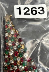 Vintage Large Gold Tone Christmas Tree Brooch Red Green Clear Rhinestone Pin