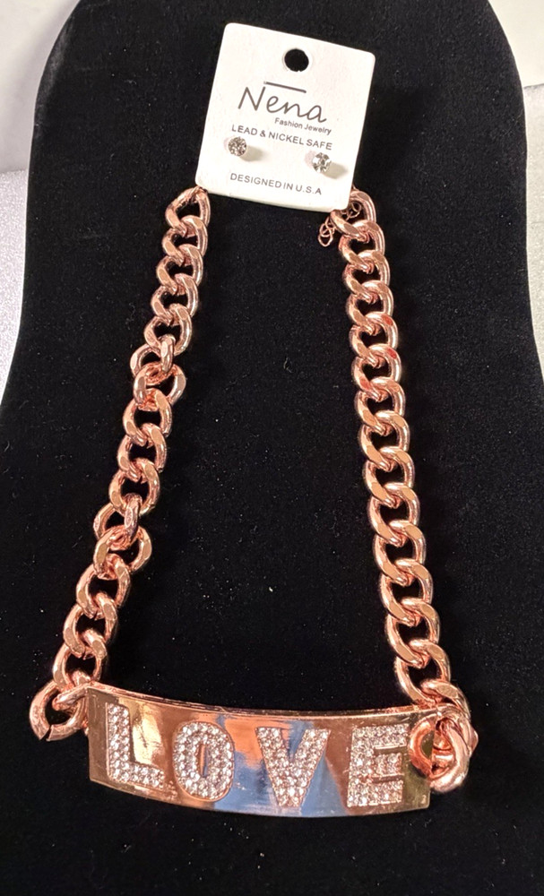 NENA Rose Gold-Tone Cuban Link Chain LOVE Plate Choker Necklace & Earrings Set