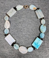Vintage Aquamarine, Amazonite, & Smoky Quartz Gemstone Glass Chunky Necklace 16″