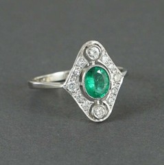 Art Deco Oval Emerald &Lab Created Diamond 14K White Gold Finish Party Wear Ring
