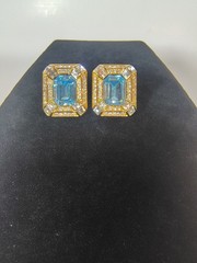 Vtg Emerald Cut Statement Earrings Aqua Blue Gold Tone