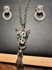 Vintage Panther Jaguar Head Tassel Necklace Door Knocker Earrings Set Green Eyes