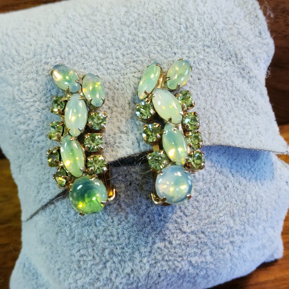 Vintage Opaline Glass & Aurora Borealis Rhinestone Clip Earrings Mid Century