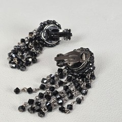 Black Crystal Glass Beaded Dangle Clip-On Earrings & Choker Set