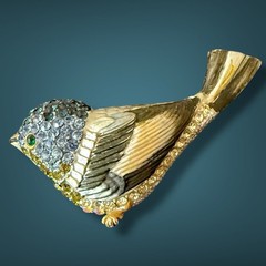 Bird Brooch Vintage Blue Rhinestone Gold Tone Figural Pin Mid Century