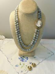 Vintage Carved Abalone Cameo Agate Beaded Necklace Brooch and Earrings Set