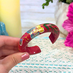 Vintage Hand Painted Wood Floral Cuff Bracelet Burgundy Red Folk Art