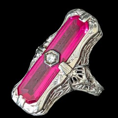 1920s Art Deco Diamond Lab Created Ruby 14 White Gold Cocktail Ring Antique