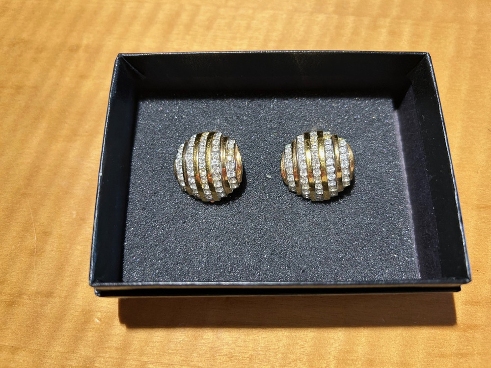 LANVIN GERMANY Gold Tone and Rhinestone VINTAGE Clip On Earrings Signed