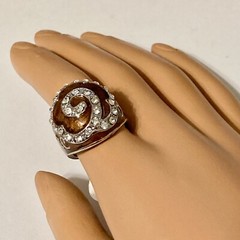 Vintage Brown Enamel Swirl Crystal Cocktail Ring Art Deco Silver Plated Size 8