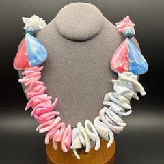 Vintage Shell Necklace Chunky Pink Blue Dyed Shell Beads Bold Beach Statement