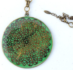 Vintage VCLM signed Green & Bronze 2.75″ Pendant on a 32″ Bronze Chain Necklace