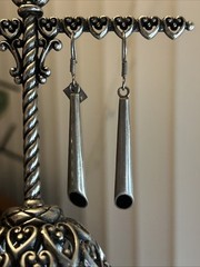 50. TAXCO 925 Sterling Black Onyx Inlay Elongated Cone Hook Earrings 62mm, 11.4
