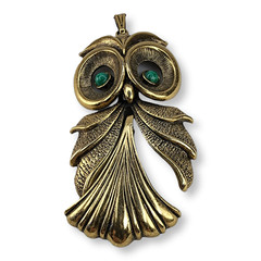 Vintage Green-Eyed Gold Tone Articulating Owl Pendant Super Cute