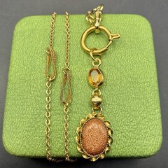 Vintage 12k GF Pocket Watch Chain FOB Necklace, Dog Clip,Goldstone & Citrine Gem