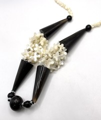 Vintage Tribal Bone Necklace Mother of Pearl Black Horn Statement Beaded 25 in