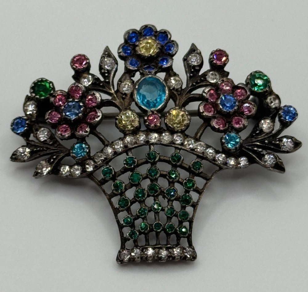 Vintage 935 Sterling Silver Paste Giardinetto Flower Basket Brooch Pin