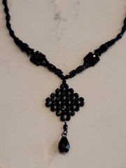 Vintage Black Faceted Bead Necklace Teardrop Pendant Gothic Formal 18″