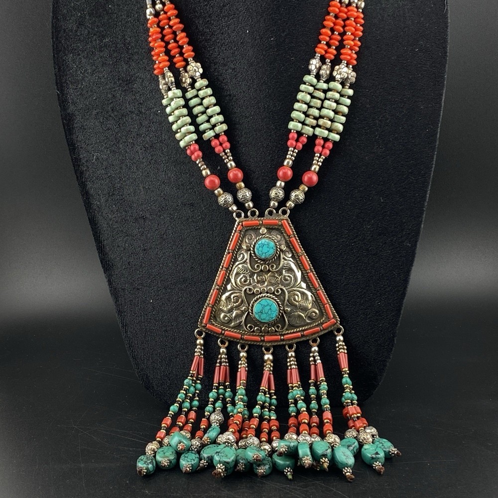 Old Tibetan Brass Handmade Traditional Unique Triangle Shaped Pendant Necklace