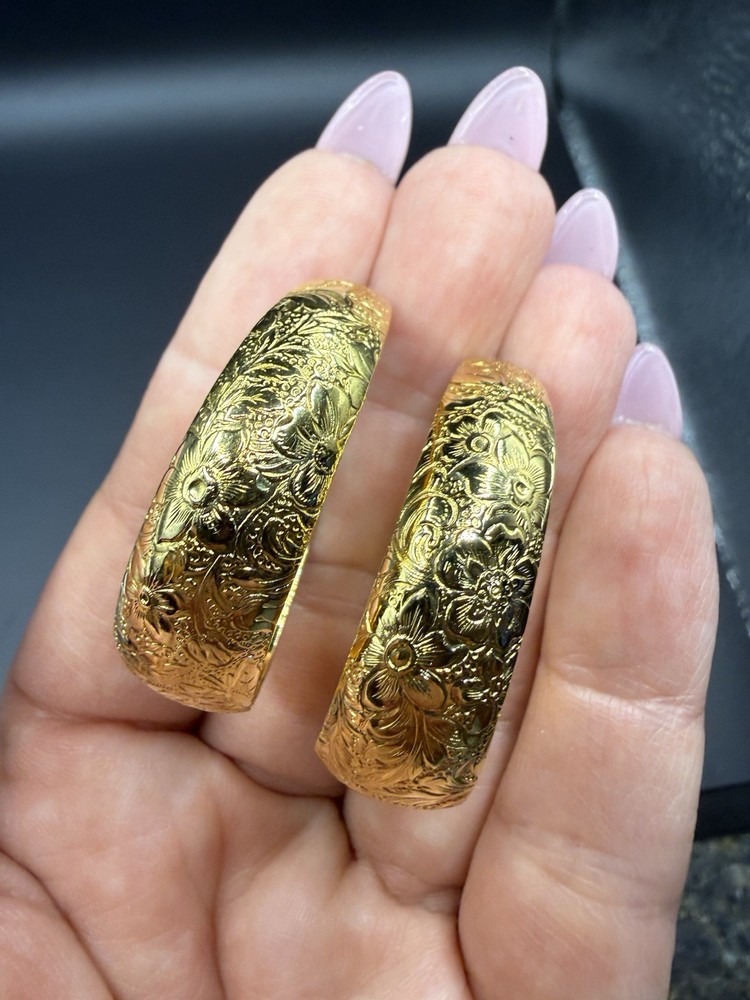 Vintage Large Thick Who Like Golden Flower Etched Earrings