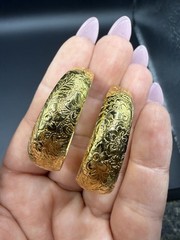Vintage Large Thick Who Like Golden Flower Etched Earrings