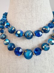 Vintage MCM Peacock Blue Iridescent Two Strand Beaded Necklace Glass Gold Fleck