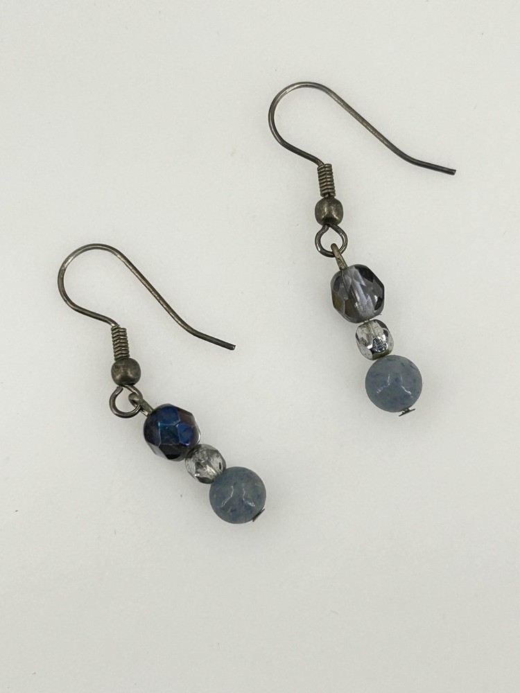 Dangle Drop Earrings Dark Silver-Tone 1.5″ Blue Grey Faceted Glass Beaded