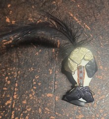 Beautiful Lady Head Brooch Porcelain looking skin black gold guild with feather