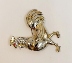 Vintage Clear Red Rhinestone Rooster Chicken Brooch