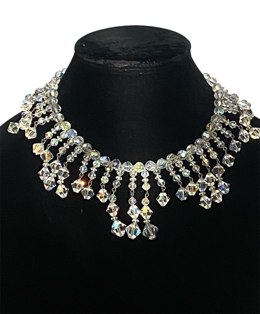 Vintage Aurora Borealis Crystal Drop Choker Statement Necklace 15in