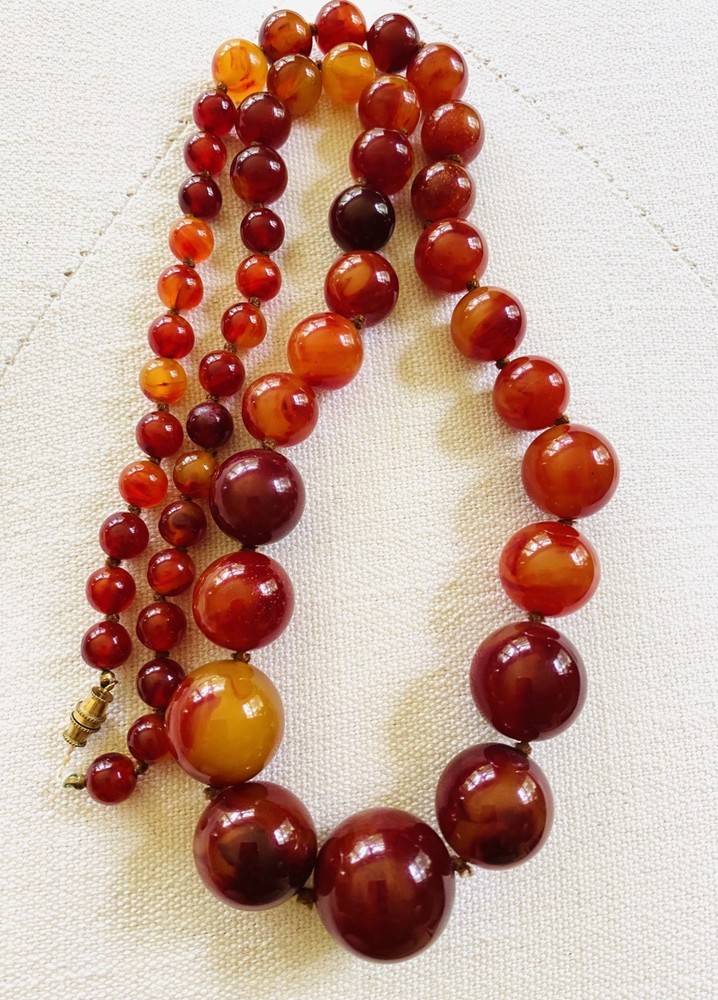 Vintage Rare Bakelite Hefty Red Gold Amber BIG Bead 28” Beaded 100 GM Necklace!