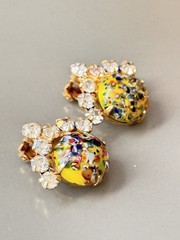 Vintage Verified JULIANA Millefiori Brooch & Earring Set, Yellow Harlequin Multi