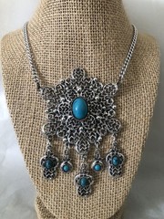 Vintage Silver Tone Faux Turquoise Necklace Tribal Festival Boho Stunning