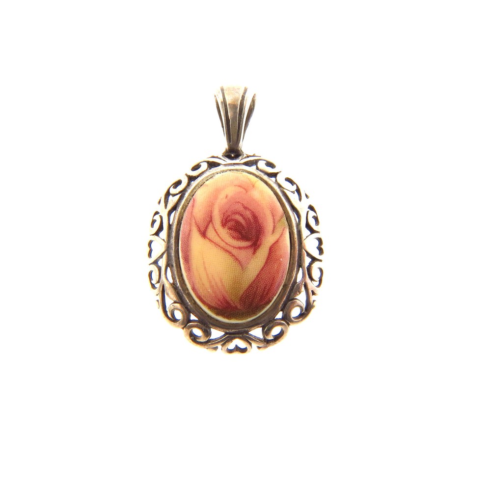 Sterling Silver Porcelain Rose Pendant 1.25 In Oval