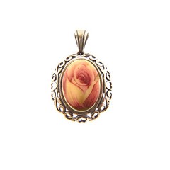 Sterling Silver Porcelain Rose Pendant 1.25 In Oval