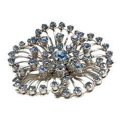 Vintage Blue Rhinestone Wavy Flower Petals Silver Tone Brooch Pin Pendant