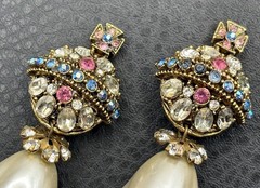 Rare Serbin Massive Royal Cross VTG 80s Faux Pearl Rhinestone Earrings Runway