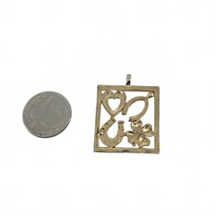 Vintage Gold Tone Good Luck Symbols Square Pendant Horseshoe Clover Heart Boho