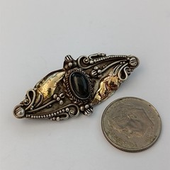 Vintage Silver 22K Gold Brooch Black Stone Floral Romantic Art Nouveau Revival