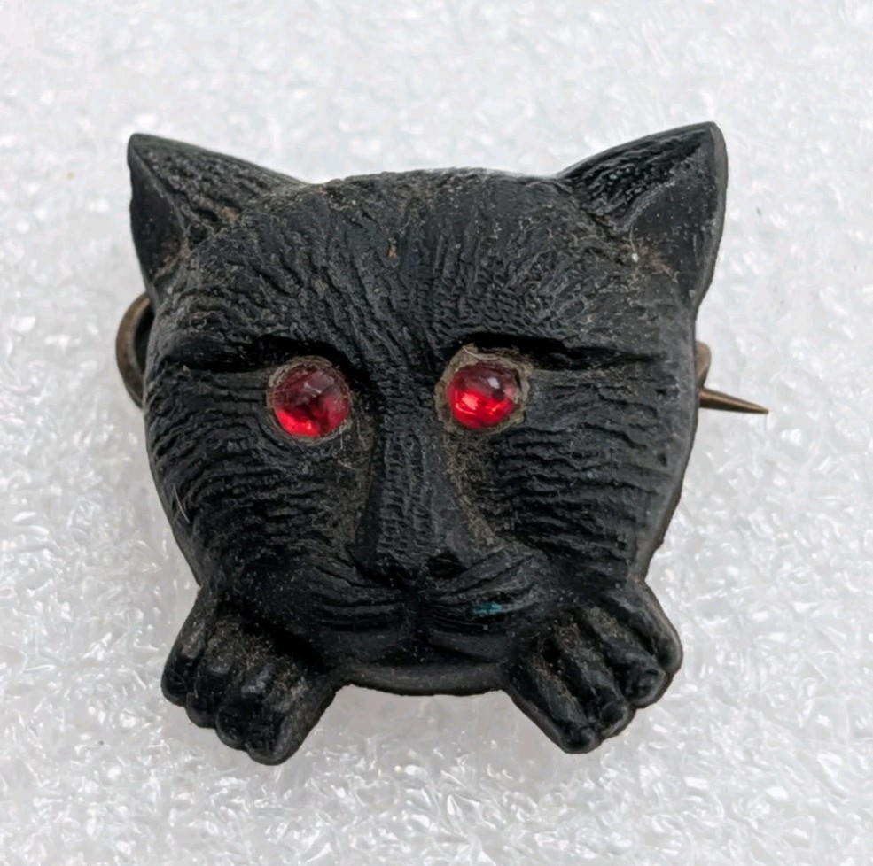 Antique Victorian Black Jet Cat Face Red Rhinestone Eyes Mourning Brooch / Pin