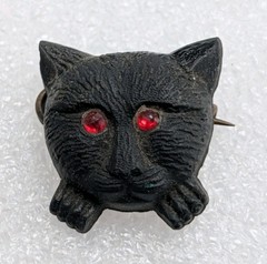 Antique Victorian Black Jet Cat Face Red Rhinestone Eyes Mourning Brooch / Pin