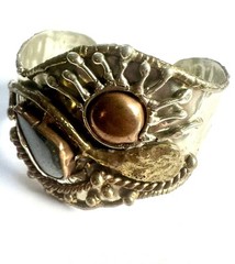 VTG Hippie Artist Studio Boho Bracelet Stone Mixed Metals Natural Cuff
