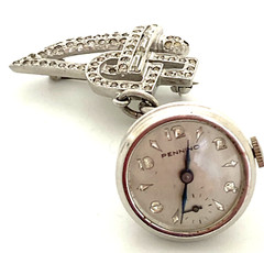 1930s PENNINO Sterling & Rhinestone Art Deco Lapel Brooch & Fob Watch