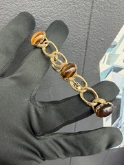 Vintage Gold Plated Filigree Engraved Bracelet Tiger Eye Cabochon 7 1/4”