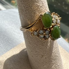 Vintage Faux Jade & Diamond Ring Set In Gold Tone Metal; Sz. 6.5; Beautiful!