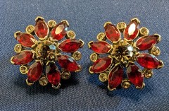 Monet Signed Red Rhinestone Clip On Earrings Gold Tone Marquise Cluster Vintage